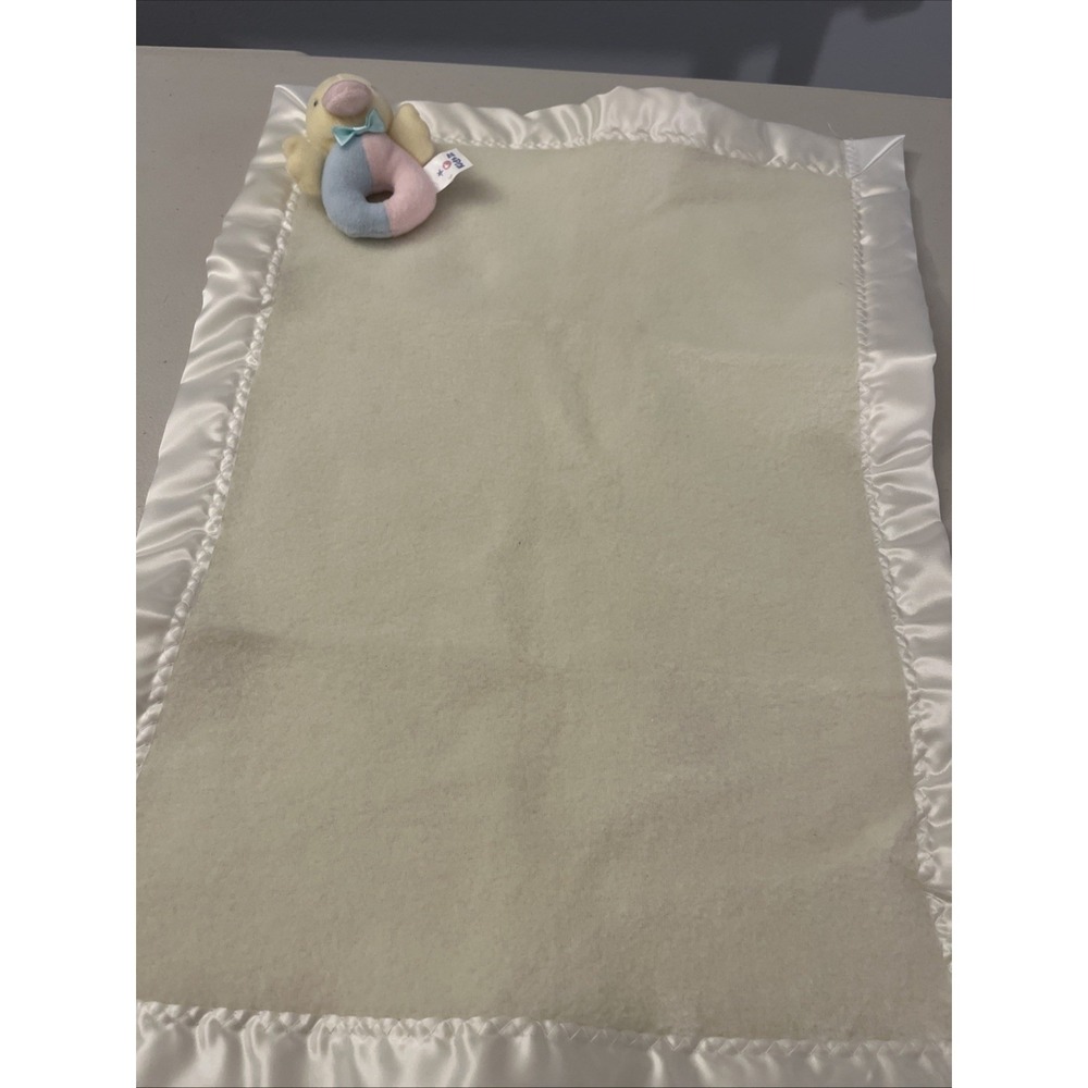 Just Born Lovey Yellow Fleece Blanket Satin Trim Blanket Duck Rattle Toy Snuggle